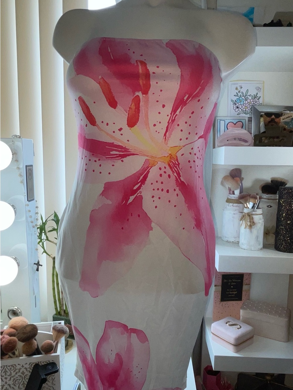 Floral Strapless Pink and Cream Bodycon Dress